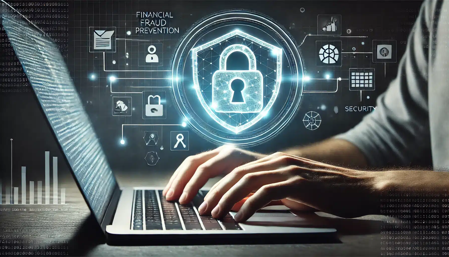 DALL·E 2025 03 25 17.22.17 A simple and realistic digital illustration representing financial fraud prevention. A person is typing on a laptop in a dark environment and a trans