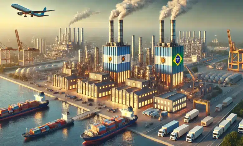 União Industrial Argentina vê acordo Mercosul-UE como oportunidade 1 DALL·E 2025 03 05 09.57.39 A high quality realistic digital illustration representing the economic and industrial partnership between Argentina and Brazil. The image features t