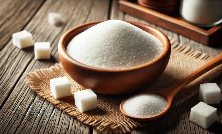 Governo negocia aumento da cota de açúcar nos EUA 1 DALL·E 2025 03 11 17.31.49 A highly realistic close up photograph of refined white sugar in a wooden bowl with a wooden spoon. The sugar is finely textured with a few sugar cu