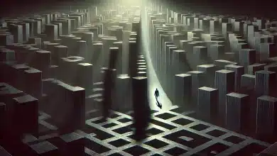 Desafios da Presidência Rotativa da Argentina no Mercosul 7 DALL·E 2025 03 12 16.39.41 A highly realistic dark themed digital illustration of a person walking through a complex maze. The maze is composed of tall imposing walls in dark