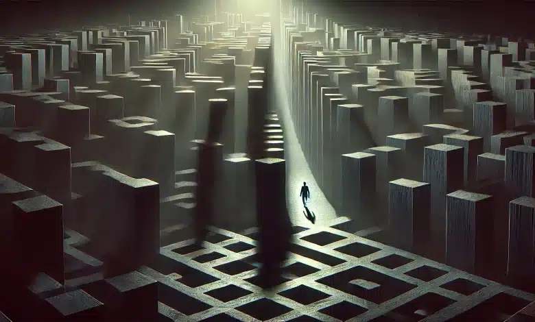Desafios da Presidência Rotativa da Argentina no Mercosul 1 DALL·E 2025 03 12 16.39.41 A highly realistic dark themed digital illustration of a person walking through a complex maze. The maze is composed of tall imposing walls in dark