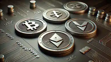 Projeto regulamenta mercado de stablecoins no Brasil 3 DALL·E 2025 03 18 14.29.12 A realistic digital illustration of stablecoins featuring digital coins with symbols representing different stablecoins like USDC DAI and Tether. T