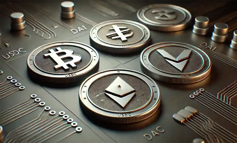 Projeto regulamenta mercado de stablecoins no Brasil 1 DALL·E 2025 03 18 14.29.12 A realistic digital illustration of stablecoins featuring digital coins with symbols representing different stablecoins like USDC DAI and Tether. T