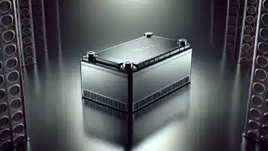 Bateria de Fosfato de Ferro e Lítio Revoluciona Equipamentos de Movimentação 10 DALL·E 2025 03 18 15.16.34 A realistic image of a lithium iron phosphate LiFePO4 battery with a sleek design modeled after the provided example. The battery should be placed