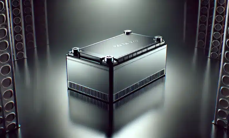 Bateria de Fosfato de Ferro e Lítio Revoluciona Equipamentos de Movimentação 1 DALL·E 2025 03 18 15.16.34 A realistic image of a lithium iron phosphate LiFePO4 battery with a sleek design modeled after the provided example. The battery should be placed