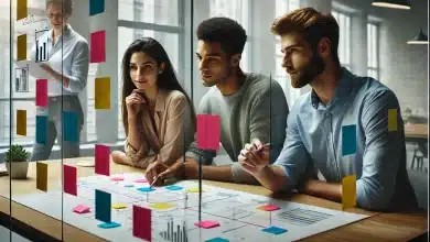 Como Evitar a Tendência de Task Masking na Sua Equipe 6 DALL·E 2025 03 19 14.19.54 A realistic photograph of a diverse team collaborating in a modern office setting. The image captures three individuals engaged in a brainstorming ses