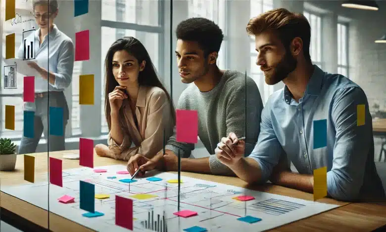 Como Evitar a Tendência de Task Masking na Sua Equipe 1 DALL·E 2025 03 19 14.19.54 A realistic photograph of a diverse team collaborating in a modern office setting. The image captures three individuals engaged in a brainstorming ses