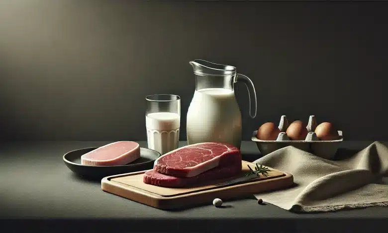 Brasil Brilha na Expo Carnes & Lácteos México e Impulsiona Comércio 1 DALL·E 2025 03 20 11.54.24 A realistic photograph featuring a simple and clean arrangement of meats and dairy products on a dark background. The image includes a wooden cutting