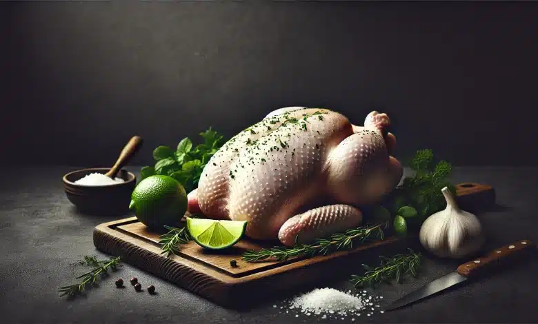 China Retoma Importação de Aves da Argentina Após Proibição 1 DALL·E 2025 03 20 14.59.06 A realistic photograph representing poultry meat on a dark background. The image features a fresh raw whole chicken placed on a wooden cutting board