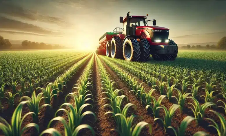 Comércio Brasil-Chile fortalece laços no setor agro 1 DALL·E 2025 03 20 17.53.14 A highly realistic photograph representing agribusiness. The image features a large modern red tractor working in a vast field of green crops illumi
