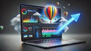Google Vids Inova com Recursos de Voz por IA 10 DALL·E 2025 03 24 14.30.03 A modern and creative digital illustration of a realistic laptop with video editing software on the screen. The software interface displays a scene of