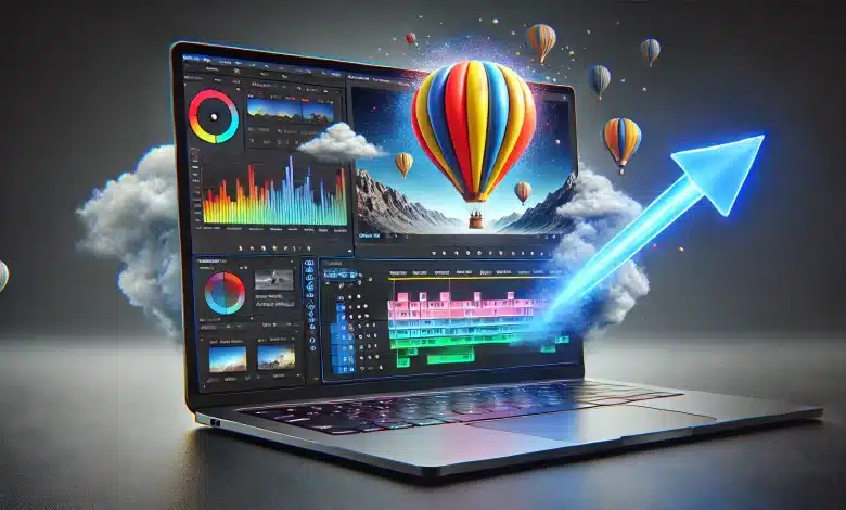 Google Vids Inova com Recursos de Voz por IA 1 DALL·E 2025 03 24 14.30.03 A modern and creative digital illustration of a realistic laptop with video editing software on the screen. The software interface displays a scene of