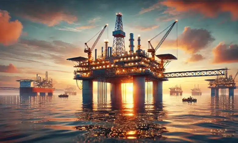 EUA vão impor tarifa de 25% a países que compram gás e petróleo da Venezuela 1 DALL·E 2025 03 25 09.50.39 A realistic digital illustration of an offshore oil and gas platform at sea during a colorful sunset. The platform features cranes pipelines and ind