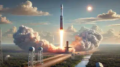 SENAI-SC e MIT Iniciam Projeto de Cluster Aeroespacial no Brasil 10 DALL·E 2025 03 25 14.58.50 A realistic digital illustration of a rocket launch. The scene shows a large modern rocket lifting off from a launch pad surrounded by clouds of smok