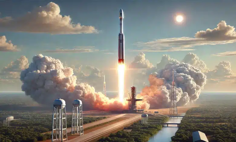 SENAI-SC e MIT Iniciam Projeto de Cluster Aeroespacial no Brasil 1 DALL·E 2025 03 25 14.58.50 A realistic digital illustration of a rocket launch. The scene shows a large modern rocket lifting off from a launch pad surrounded by clouds of smok