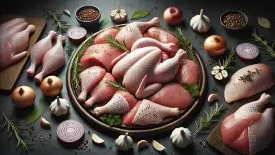 Acordo sanitário regional fortalece exportações de frango brasileiro para o Japão 9 DALL·E 2025 03 25 16.52.25 A realistic digital image of raw chicken meat displayed on a dark surface or dark wooden board. The scene includes various cuts of chicken such as dru