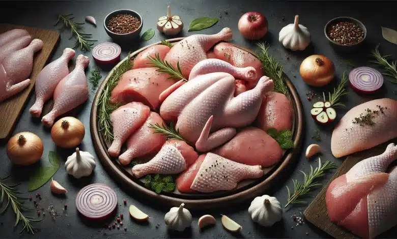 Acordo sanitário regional fortalece exportações de frango brasileiro para o Japão 1 DALL·E 2025 03 25 16.52.25 A realistic digital image of raw chicken meat displayed on a dark surface or dark wooden board. The scene includes various cuts of chicken such as dru