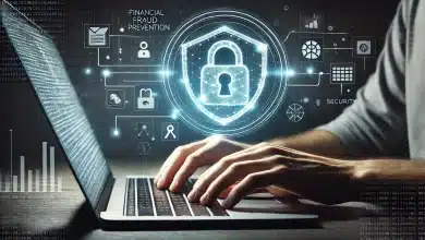 InfinitePay evita R$ 10 bilhões em fraudes com uso de IA 9 DALL·E 2025 03 25 17.22.17 A simple and realistic digital illustration representing financial fraud prevention. A person is typing on a laptop in a dark environment and a trans
