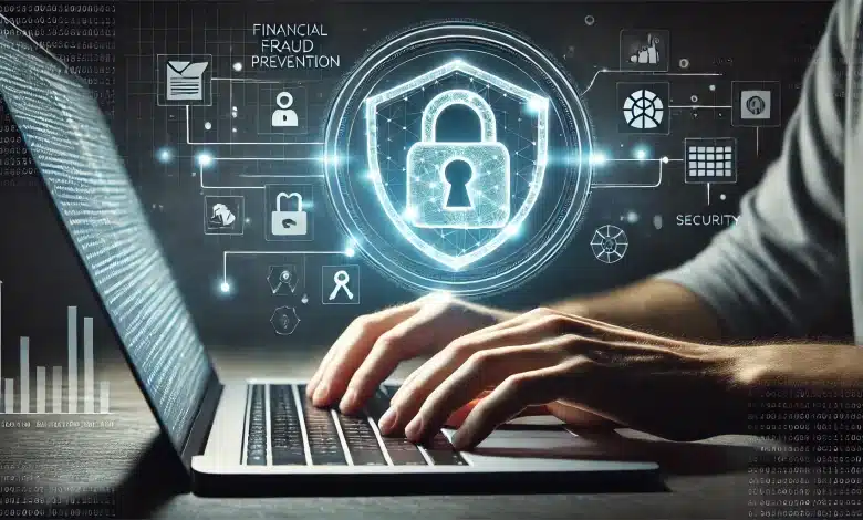 InfinitePay evita R$ 10 bilhões em fraudes com uso de IA 1 DALL·E 2025 03 25 17.22.17 A simple and realistic digital illustration representing financial fraud prevention. A person is typing on a laptop in a dark environment and a trans