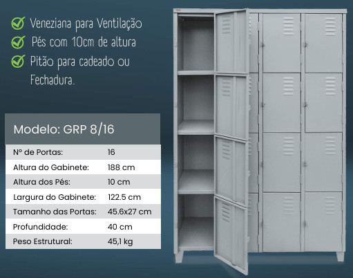 ROUPEIRO DE AÇO 16 PORTAS PEQUENAS