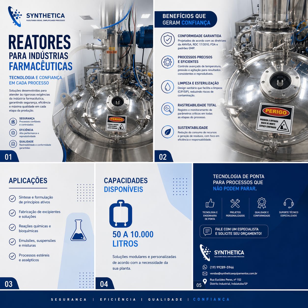 Reatores em aço inoxidável para indústrias químicas, cosméticos, farmacêuticas
